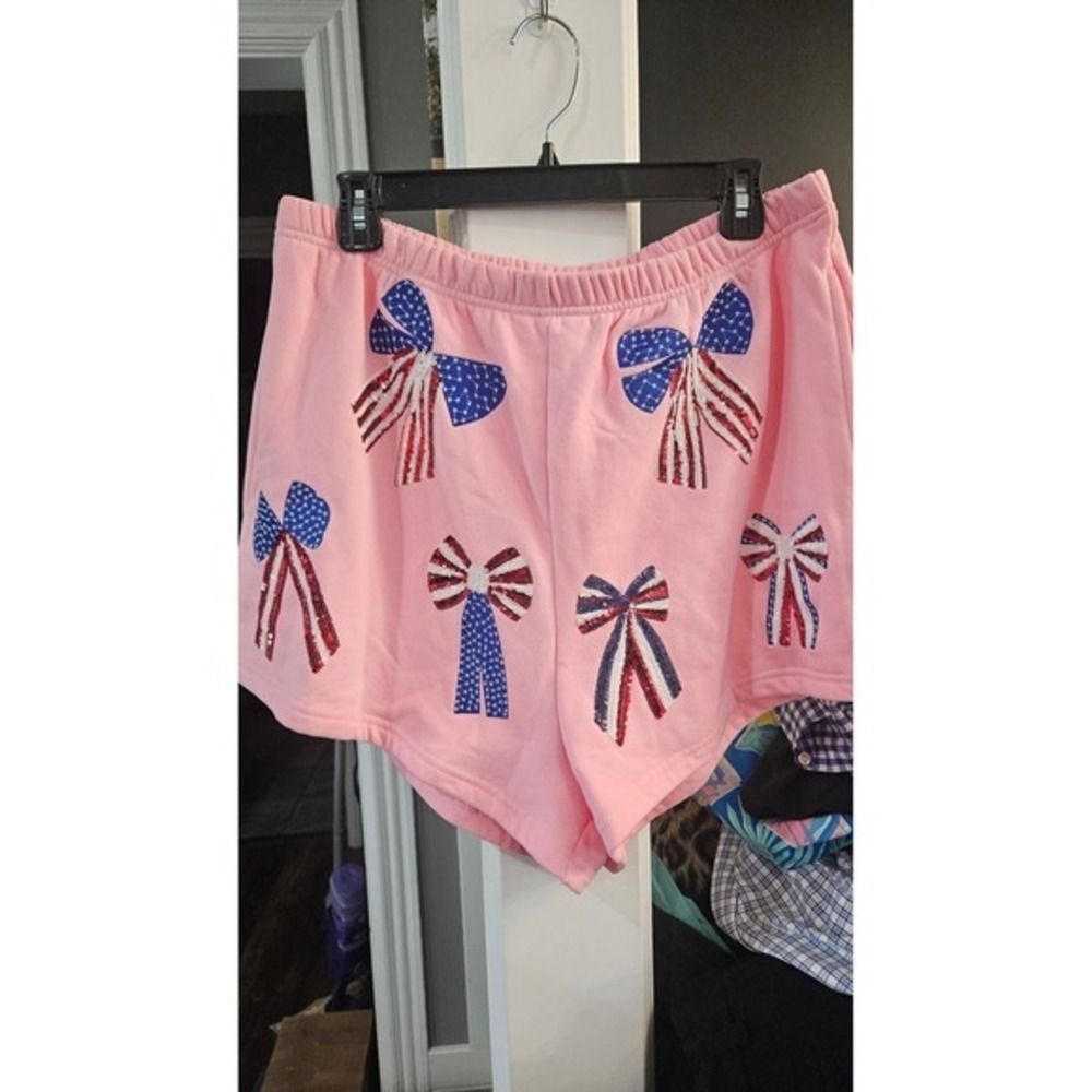 NWT Americana Queen of Sparkles Pink American Flag Sequin Bow Sweat Shorts L